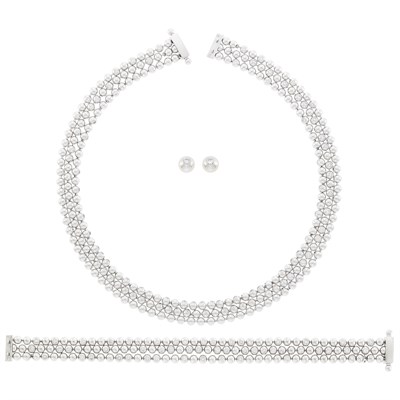 Lot 97 - Cartier Triple Strand White Gold and Diamond 'Perles de Diamant' Necklace, Bracelet and Pair of Stud Earrings, France