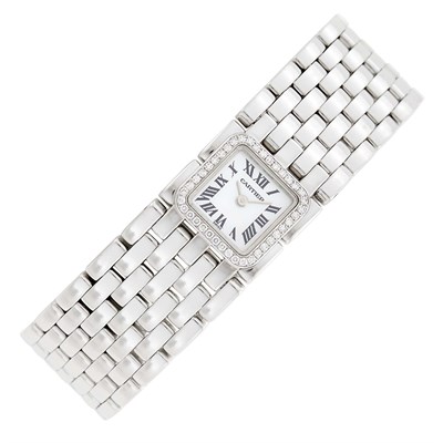 Lot 95 - Cartier Wide White Gold, Mother-of-Pearl and Diamond 'Panthère Ruban' Wristwatch, Ref. 2422