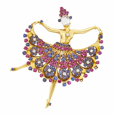 Lot 231 - John Rubel Gold, Ruby, Sapphire and Diamond Ballerina Clip-Brooch