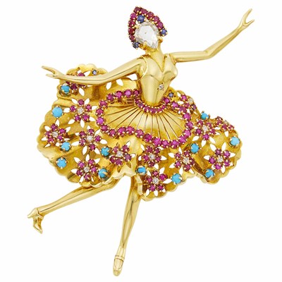 Lot 232 - Gold, Diamond, Ruby, Sapphire, Diamond and Turquoise Dancer Clip-Brooch