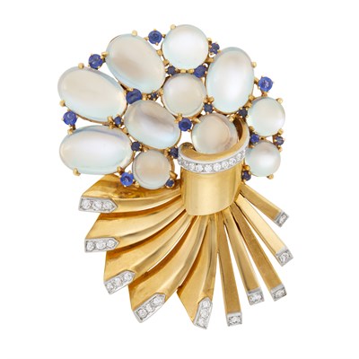 Lot 173 - Trabert & Hoeffer, Mauboussin Gold, Platinum, Moonstone, Sapphire and Diamond 'Reflection' Clip