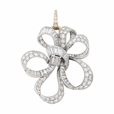 Lot 148 - Platinum, White Gold and Diamond Bow Pendant Clip-Brooch