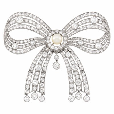 Lot 130 - Belle Époque Platinum, Pearl and Diamond Bow Brooch, France