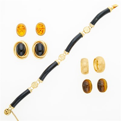 Lot 1271 - Group of Gold, Gilt-Metal, Black Onyx, Amber and Carved Tiger's Eye Jewelry