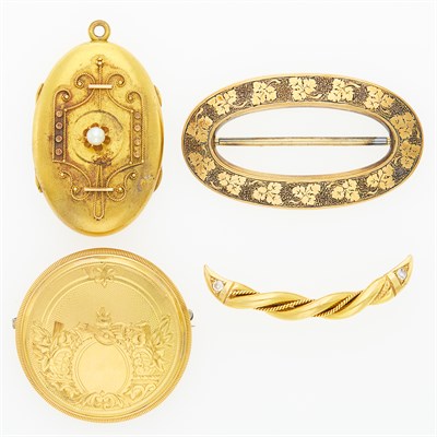 Lot 1154 - Three Antique Gold and Gold-Filled Brooches and Pendant