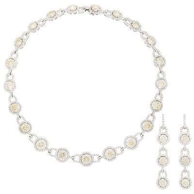 Lot 158 - White Gold, Colored Diamond and Diamond Necklace and Pair of Pendant-Earrings