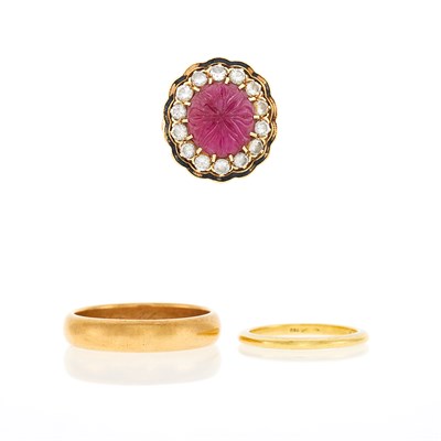 Lot 177 - Two Gold Band Rings and Gold, Carved Ruby, Diamond and Enamel Ring
