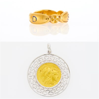 Lot 129 - Gentleman's Gold Band Ring and Ilias Lalaounis Rhodium-Plated Silver and Gold Medallion Pendant