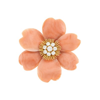 Lot 147 - Van Cleef & Arpels Gold, Angel Skin Coral and Diamond 'Rose de Noel' Clip-Brooch, France