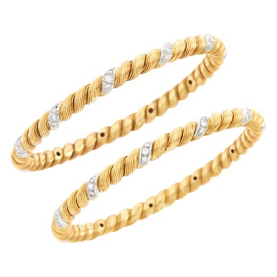 Lot 30 - Van Cleef & Arpels Pair of Gold, Platinum and Diamond Bangle Bracelets, France