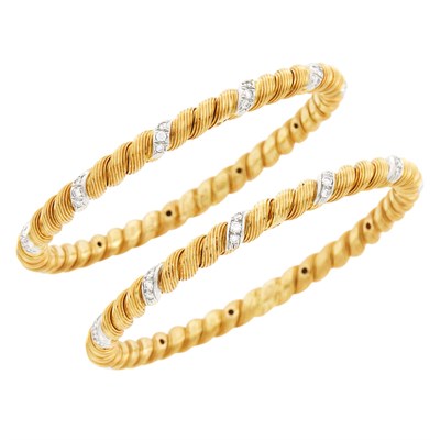 Lot 125 - Georges L'Enfant for Van Cleef & Arpels Pair of Gold, Platinum and Diamond Bangle Bracelets, France