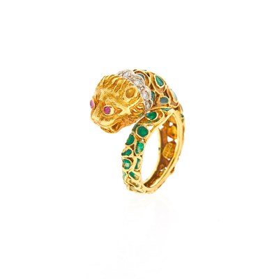 Lot 127 - Ilias Lalaounis Two-Color Gold, Diamond, Ruby and Green Enamel Chimera Ring