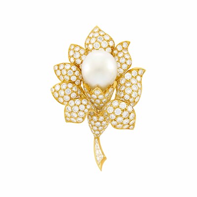 Lot 149 - Van Cleef & Arpels Gold, Diamond and South Sea Cultured Pearl Flower Clip-Brooch