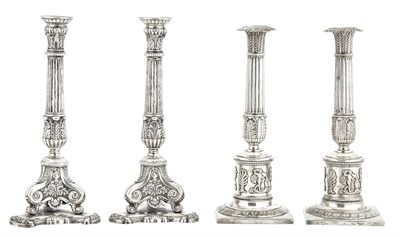 Lot 296 - Two Pairs of Continental Silver Candlesticks...