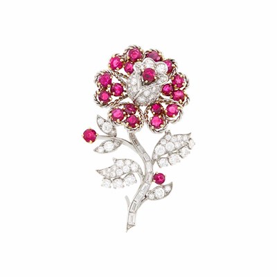 Lot 101 - Van Cleef & Arpels Platinum, Gold, Ruby and Diamond Flower Clip-Brooch