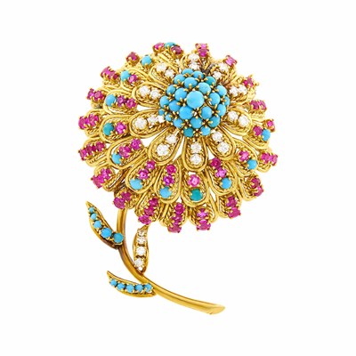Lot 113 - Van Cleef & Arpels Gold, Turquoise, Ruby and Diamond Flower Clip-Brooch