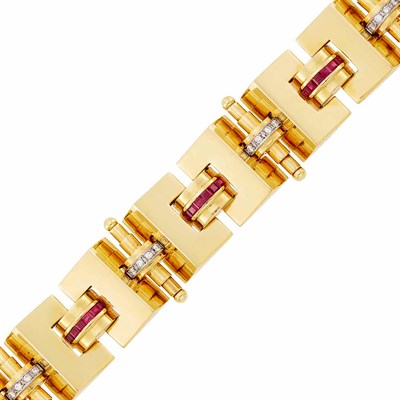 Lot 95 - Wide Two-Color Gold, Ruby and Diamond Bracelet