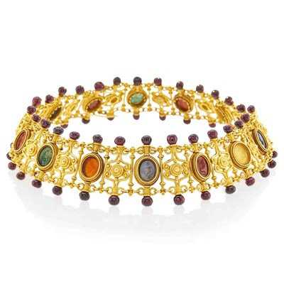 Lot 162 - Castellani Archaeological Revival Gold, Hardstone Intaglio and Garnet Bead Necklace/Bracelets Combination