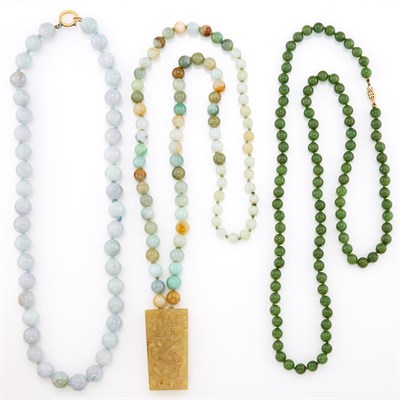 Lot 1286 - Three Multicolored Jade and Nephrite Bead Necklaces