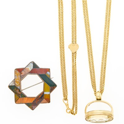 Lot 1138 - Gold Slide Chain with Citrine Fob and Silver and Scottish Agate Star Brooch