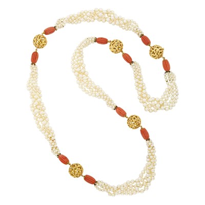 Lot 27 - Cartier Long Four Strand Cultured Pearl, Gold and Fluted Coral Bead Necklace