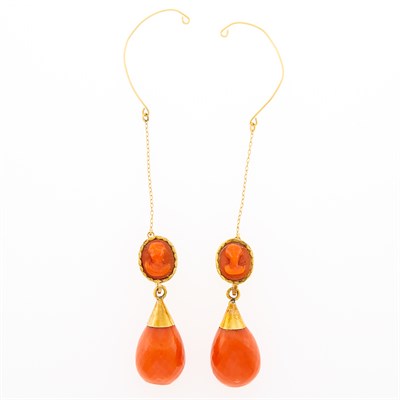 Lot 101 - Pair of Gold, Coral Cameo and Coral Pendant-Earclips