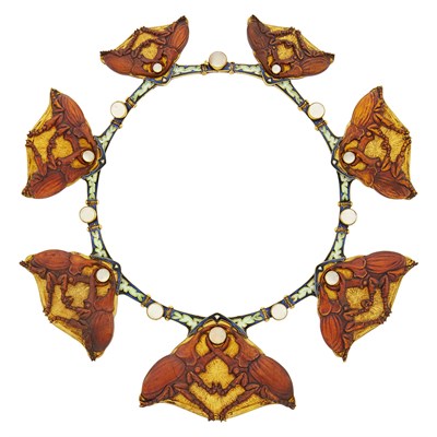 Lot 199 - René Lalique Art Nouveau Gold, Carved Horn, Enamel and Moonstone Necklace, France