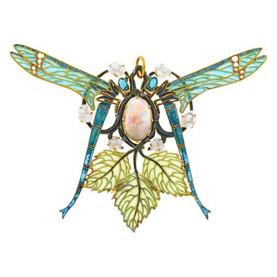 Lot 200 - René Lalique Art Nouveau Gold, Opal, Plique-à-Jour Enamel, Glass and Diamond Dragonfly Pendant, France
