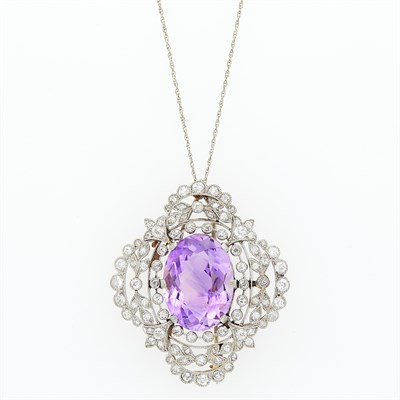 Lot 75 - Belle Époque Platinum, Amethyst and Diamond Pendant-Brooch with White Gold Chain