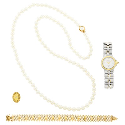 Lot 1209 - Cultured Pearl Necklace, Gold Bracelet, Clip and Raymond Weil Stainless Steel and Gold-Tone 'Parsifal' Wristwatch