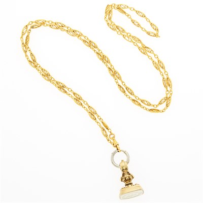Lot 1133 - Antique Gold, Silver and White Chalcedony Intaglio Seal Pendant with Long Gold Chain Necklace