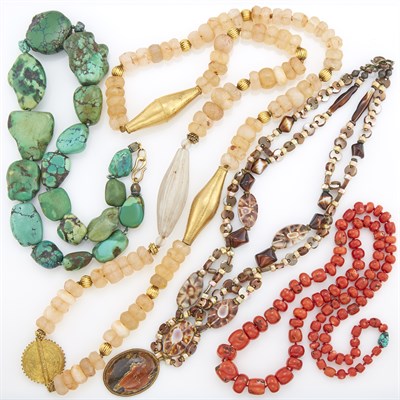 Lot 1306 - Four Turquoise, Coral, Shell and Glass Bead Necklaces