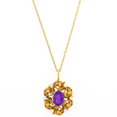 Lot 1128 - Antique Gold, Amethyst and Button Pearl Pendant with Gold Chain Necklace