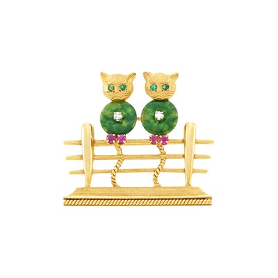 Lot 120 - Cartier Gold, Nephrite, Colored Stone and Diamond Cat Pin
