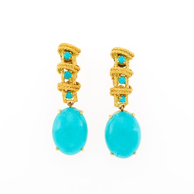 Lot 110 - Pair of Gold and Turquoise Pendant-Earclips