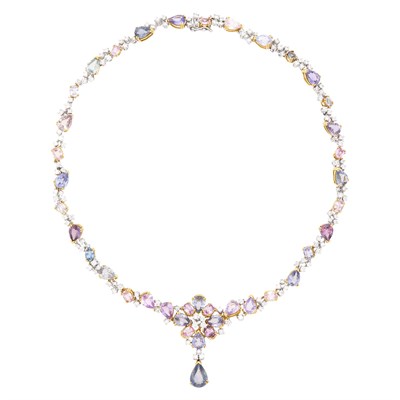 Lot 68 - Two-Color Gold, Multicolored Sapphire and Diamond Pendant-Necklace