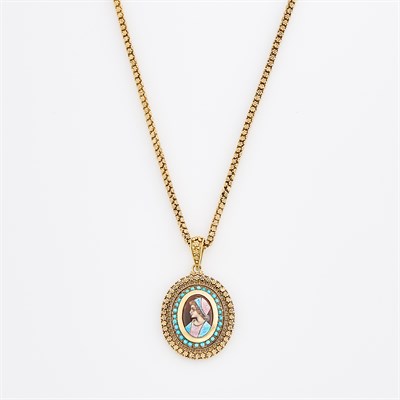 Lot 97 - Gold and Enamel Pendant on Long Chain Necklace