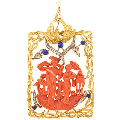 Lot 105 - Two-Color Gold, Carved Coral, Lapis and Diamond Pendant