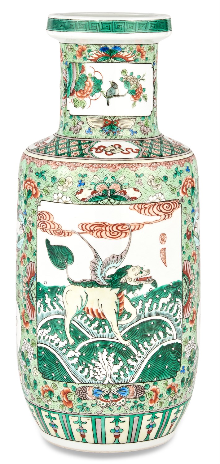Lot 183 - A Chinese Famille Verte Porcelain Rouleau Vase...