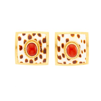 Lot 46 - Maz Pair of Gold, Shell and Coral Earrings