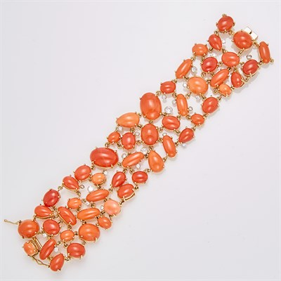 Lot 220 - Gold, Coral, Diamond and Simulated Diamond Bracelet