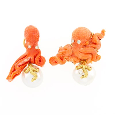 Lot 45 - Maz Pair of Gold, Carved Coral, Baroque Cultured Pearl and Diamond Octopus Earrings