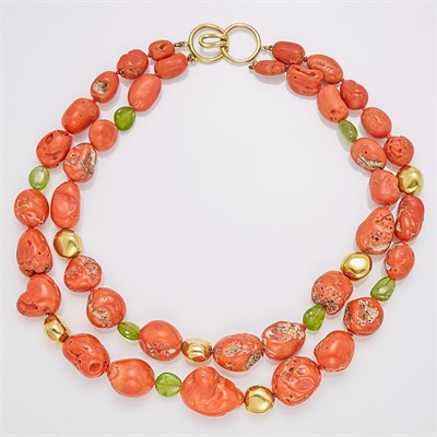 Lot 44 - Maz Double Strand Gold, Tumbled Coral and Peridot Bead Necklace