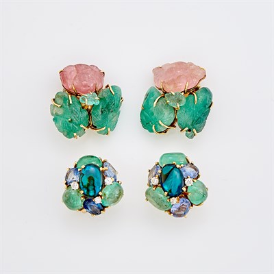 Lot 32 - Two Pairs of Gold, Carved Emerald and Rose Quartz, Cabochon Emerald, Sapphire, Abalone and Simulated Diamond Earclips