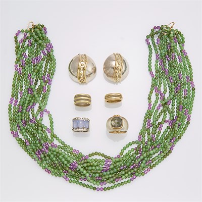 Lot 262 - Twelve Nephrite and Amethyst Bead Strands and Group of Silver, Gold and Hardstone Jewelry