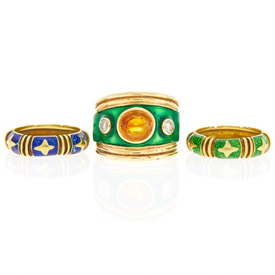 Lot 162 - Wide Gold, Green Enamel, Orange Sapphire and Diamond Band Ring and Two Enamel Band Rings