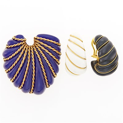 Lot 6 - Seaman Schepps Molded Blue Acrylic and Gold Brooch and Maz Pair of White and Black Onyx Earclips