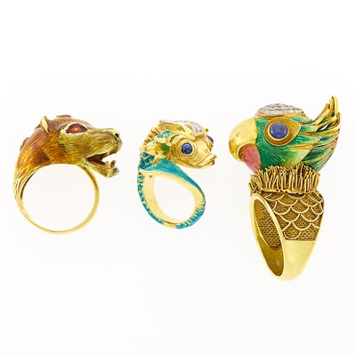 Lot 229 - Three Gold, Enamel and Diamond Bird, Cougar and Fish Rings