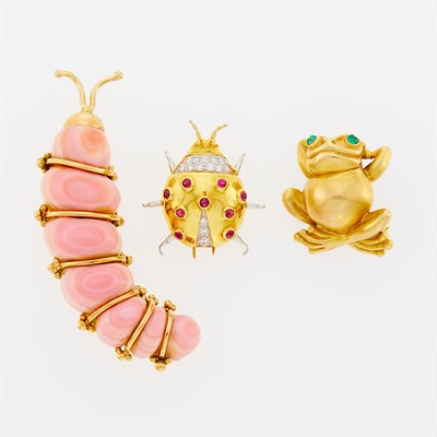 Lot 41 - Three Gold, Coral, Diamond, Cabochon Ruby and Emerald Insect and Frog Pins