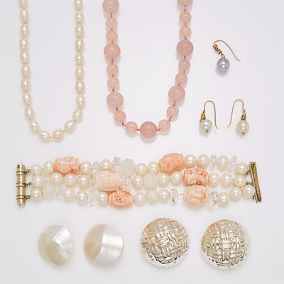 Lot 264 - Group of Freshwater and Cultured Pearl, Carved Coral, Rose Quartz and Silver Jewelry